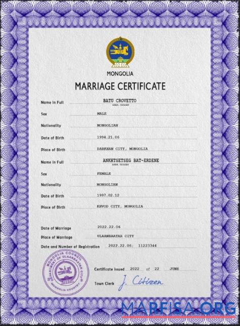 Realistic Mongolia marriage certificate PSD template